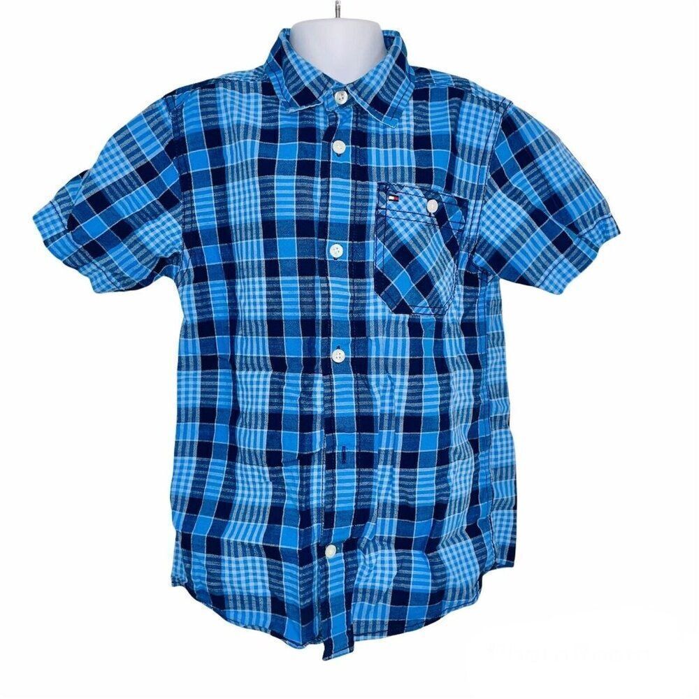 Tommy Hilfiger Boys Shirt S 8-10 Blue Plaid Button Up Short Sleeve